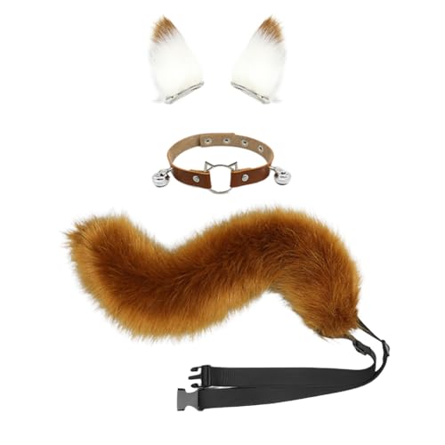 JAWSEU Fuchsohren Schwanz Cosplay Set mit Glöckchen Halskette, Katzenohren Fuchs Wolf Katze Cosplay Tierohren Schwanz Wolf Fuchs Ohren Haarnadel Haarschmuck Cosplay Halloween Fasching Karneval Party von JAWSEU