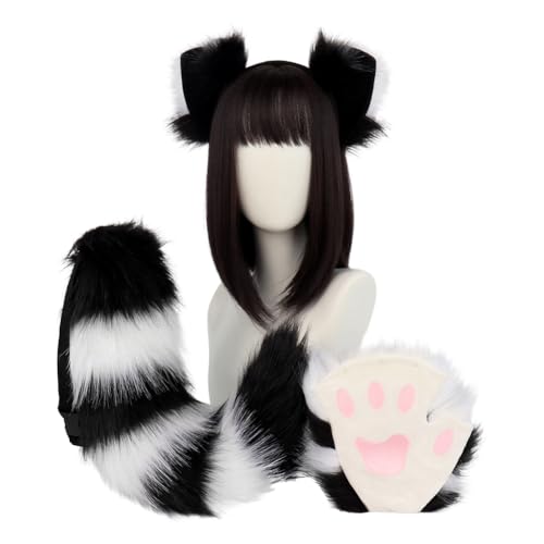 JAWSEU Fuchsohren Schwanz Pfoten Handschuhe Cosplay Set, Fuchs Wolf Katze Cosplay Tierohren Schwanz Wolf Ohren Schwanz Kostüm Plüsch Klaue Handschuhe Cosplay Fancy Dress Zubehör für Kinder Erwachsene von JAWSEU