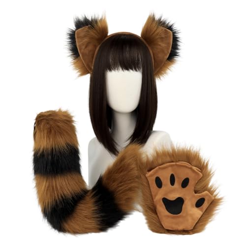 JAWSEU Fuchsohren Schwanz Pfoten Handschuhe Cosplay Set, Fuchs Wolf Katze Cosplay Tierohren Schwanz Wolf Ohren Schwanz Kostüm Plüsch Klaue Handschuhe Cosplay Fancy Dress Zubehör für Kinder Erwachsene von JAWSEU