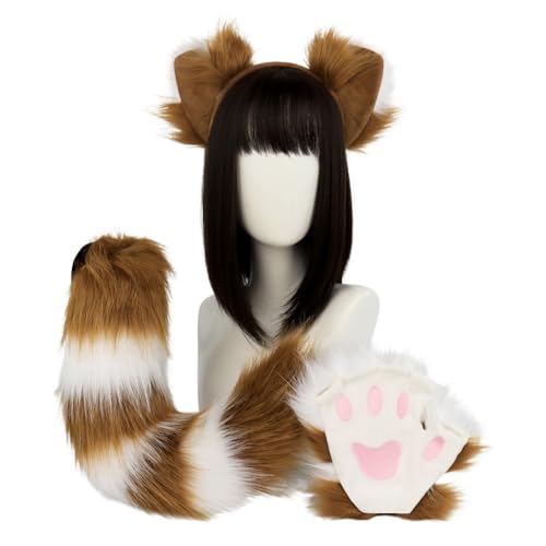 JAWSEU Fuchsohren Schwanz Pfoten Handschuhe Cosplay Set, Fuchs Wolf Katze Cosplay Tierohren Schwanz Wolf Ohren Schwanz Kostüm Plüsch Klaue Handschuhe Cosplay Fancy Dress Zubehör für Kinder Erwachsene von JAWSEU