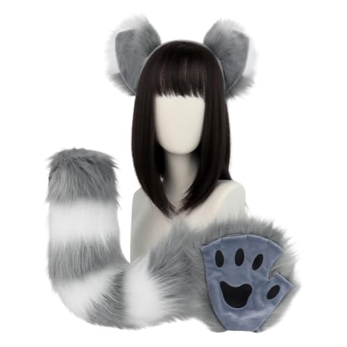 JAWSEU Fuchsohren Schwanz Pfoten Handschuhe Cosplay Set, Fuchs Wolf Katze Cosplay Tierohren Schwanz Wolf Ohren Schwanz Kostüm Plüsch Klaue Handschuhe Cosplay Fancy Dress Zubehör für Kinder Erwachsene von JAWSEU