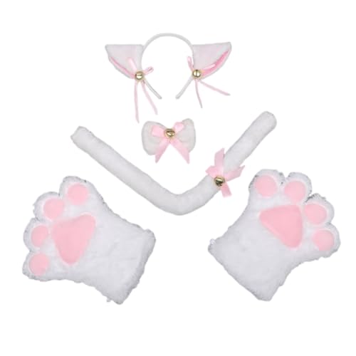 JAWSEU Halloween Kostüme Plüsch Katzenohren Stirnband katzenschwanz Pfoten Handschuhe Cosplay Set Katze Cosplay Kostüm Set Fuchs Wolf Schwanz Handschuhe Stirnband Tierohren Handschuhe Schwanz Set von JAWSEU