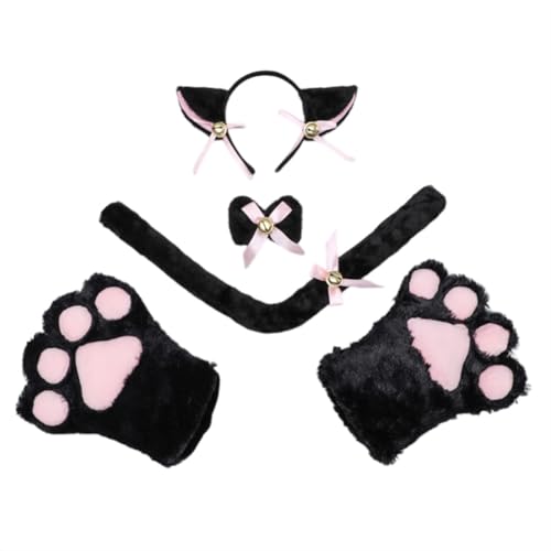 JAWSEU Halloween Kostüme Plüsch Katzenohren Stirnband katzenschwanz Pfoten Handschuhe Cosplay Set Katze Cosplay Kostüm Set Fuchs Wolf Schwanz Handschuhe Stirnband Tierohren Handschuhe Schwanz Set von JAWSEU