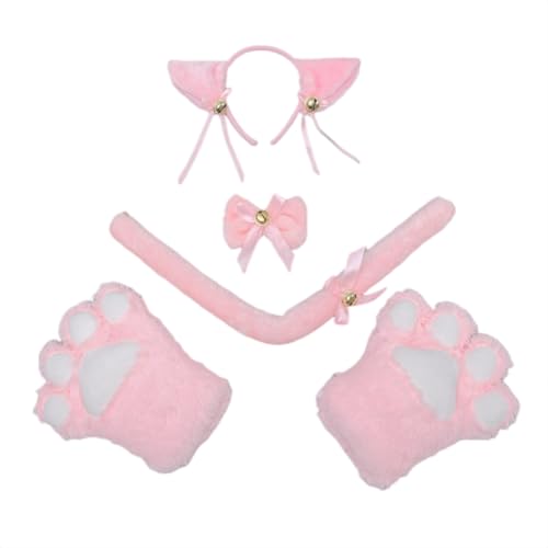 JAWSEU Halloween Kostüme Plüsch Katzenohren Stirnband katzenschwanz Pfoten Handschuhe Cosplay Set Katze Cosplay Kostüm Set Fuchs Wolf Schwanz Handschuhe Stirnband Tierohren Handschuhe Schwanz Set von JAWSEU