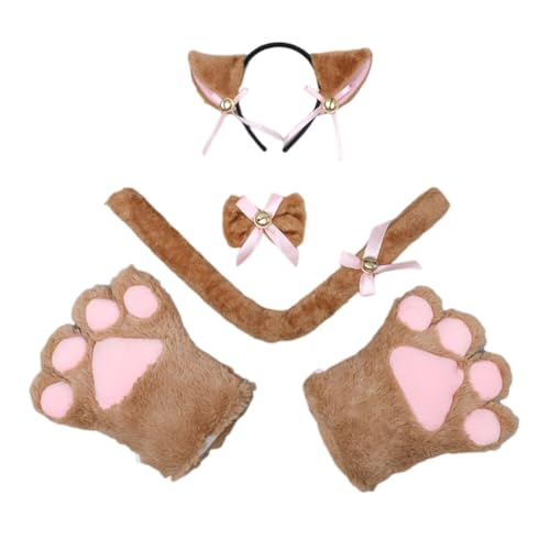 JAWSEU Halloween Kostüme Plüsch Katzenohren Stirnband katzenschwanz Pfoten Handschuhe Cosplay Set Katze Cosplay Kostüm Set Fuchs Wolf Schwanz Handschuhe Stirnband Tierohren Handschuhe Schwanz Set von JAWSEU