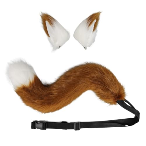 JAWSEU Halloween Kostüme Plüsch Katzenohren katzenschwanz Cosplay Set Katze Cosplay Kostüm Set Fuchs Hund Wolf Schwanz Clip Ohren Haarspange Tierohren Anime Großer Schwanz für Halloween Party Cosplay von JAWSEU