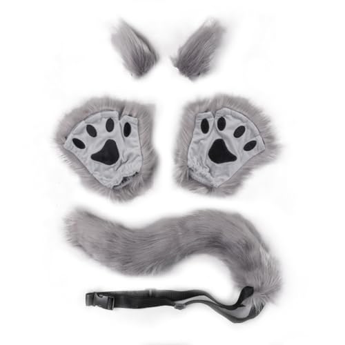 JAWSEU Halloween Kostüme Plüsch Katzenohren katzenschwanz Pfoten Handschuhe Cosplay Set Katze Cosplay Kostüm Set Fuchs Wolf Schwanz Handschuhe Clip Ohren Haarspange Tierohren Handschuhe Schwanz Set von JAWSEU