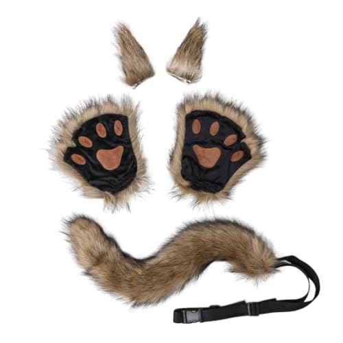 JAWSEU Halloween Kostüme Plüsch Katzenohren katzenschwanz Pfoten Handschuhe Cosplay Set Katze Cosplay Kostüm Set Fuchs Wolf Schwanz Handschuhe Clip Ohren Haarspange Tierohren Handschuhe Schwanz Set von JAWSEU