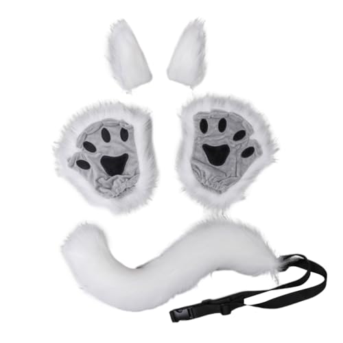 JAWSEU Halloween Kostüme Plüsch Katzenohren katzenschwanz Pfoten Handschuhe Cosplay Set Katze Cosplay Kostüm Set Fuchs Wolf Schwanz Handschuhe Clip Ohren Haarspange Tierohren Handschuhe Schwanz Set von JAWSEU