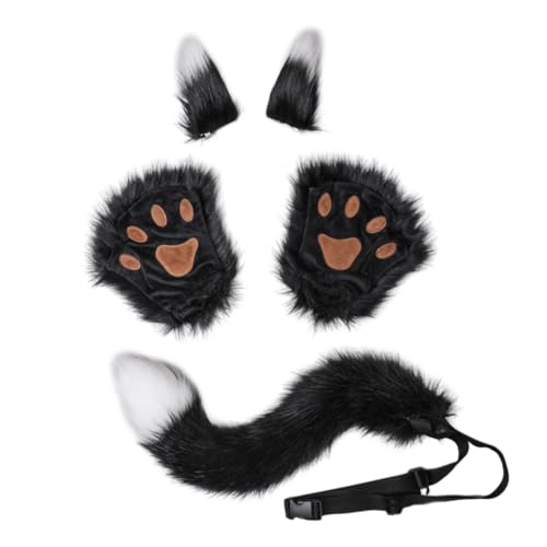 JAWSEU Halloween Kostüme Plüsch Katzenohren katzenschwanz Pfoten Handschuhe Cosplay Set Katze Cosplay Kostüm Set Fuchs Wolf Schwanz Handschuhe Clip Ohren Haarspange Tierohren Handschuhe Schwanz Set von JAWSEU