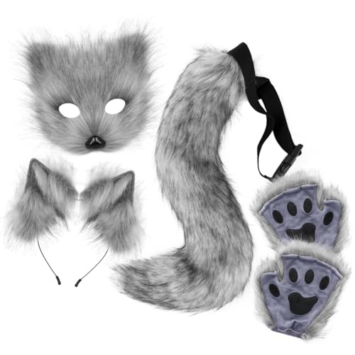 JAWSEU Halloween Plüsch Katzenohren katzenschwanz Pfoten Handschuhe Halbgesichtsmasken Cosplay Set, Tier Cosplay Kostüm Fuchs Wolf Schwanz Handschuhe Ohren Haarspange Tierohren Handschuhe Schwanz Set von JAWSEU