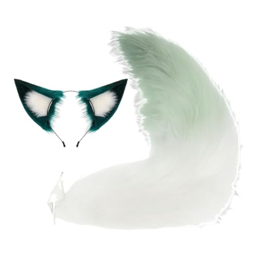 JAWSEU Katze Cosplay Kostüm Set, Hundeohren Haarband Lang Tierschwanz Schwanz Ohren Set Faux Furry Fox Wolf Tail Kit Langer Fuchsschwanz Ohren für Halloween Kostüm Anime Cosplay Bühnenshow von JAWSEU