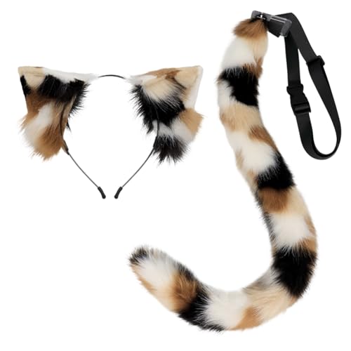 JAWSEU Katze Fuchs Cosplay Kostüm Set, Hundeohren Haarband Lang Tierschwanz Ohren Set Faux Furry Fox Wolf Tail Kit Langer Fuchsschwanz Ohren für Fasching Halloween Kostüm Anime Cosplay Bühnenshow von JAWSEU