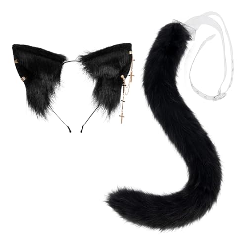 JAWSEU Katze Fuchs Cosplay Kostüm Set, Hundeohren Haarband Lang Tierschwanz Ohren Set Faux Furry Fox Wolf Tail Kit Tiger Wolf Langer Fuchsschwanz Ohren für Fasching Halloween Weihnachten Cosplay von JAWSEU