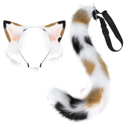 JAWSEU Katze Fuchs Cosplay Kostüm Set, Hundeohren Haarband Lang Tierschwanz Ohren Set Faux Furry Fox Wolf Tail Kit Wolf Langer Fuchsschwanz Ohren für Fasching Halloween Kostüm Anime Cosplay von JAWSEU