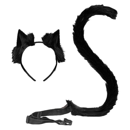 JAWSEU Stirnband Schwanz, Cosplay Pelztier Wolfsohren Haarreifen Schwanz Set Tier Fuchs Katze Hund Wolf Schwanz Haarband Plüsch Kostüm Langes cosplay Plüsch Kunstpelz Tail Kopfschmuck für Halloween von JAWSEU