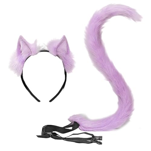 JAWSEU Stirnband Schwanz, Cosplay Pelztier Wolfsohren Haarreifen Schwanz Set Tier Fuchs Katze Hund Wolf Schwanz Haarband Plüsch Kostüm Langes cosplay Plüsch Kunstpelz Tail Kopfschmuck für Halloween von JAWSEU