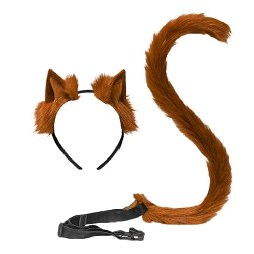 JAWSEU Stirnband Schwanz, Cosplay Pelztier Wolfsohren Haarreifen Schwanz Set Tier Fuchs Katze Hund Wolf Schwanz Haarband Plüsch Kostüm Langes cosplay Plüsch Kunstpelz Tail Kopfschmuck für Halloween von JAWSEU