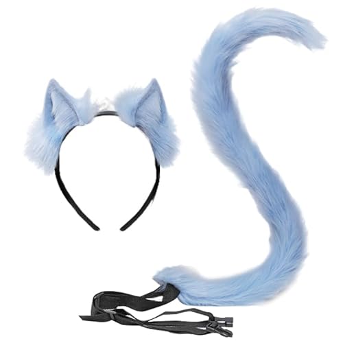 JAWSEU Stirnband Schwanz, Cosplay Pelztier Wolfsohren Haarreifen Schwanz Set Tier Fuchs Katze Hund Wolf Schwanz Haarband Plüsch Kostüm Langes cosplay Plüsch Kunstpelz Tail Kopfschmuck für Halloween von JAWSEU