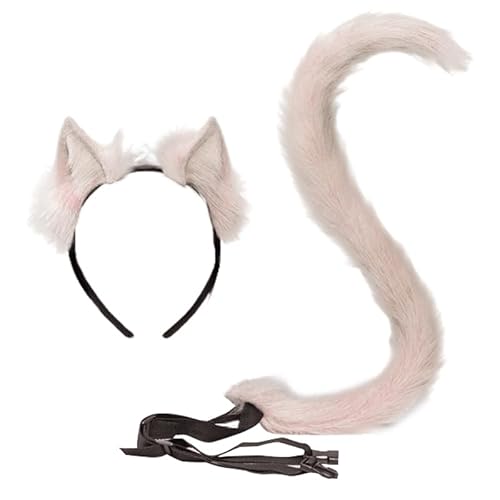 JAWSEU Stirnband Schwanz, Cosplay Pelztier Wolfsohren Haarreifen Schwanz Set Tier Fuchs Katze Hund Wolf Schwanz Haarband Plüsch Kostüm Langes cosplay Plüsch Kunstpelz Tail Kopfschmuck für Halloween von JAWSEU