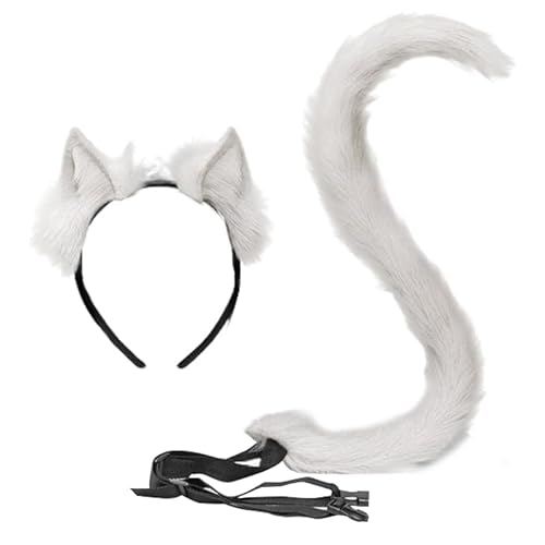 JAWSEU Stirnband Schwanz, Cosplay Pelztier Wolfsohren Haarreifen Schwanz Set Tier Fuchs Katze Hund Wolf Schwanz Haarband Plüsch Kostüm Langes cosplay Plüsch Kunstpelz Tail Kopfschmuck für Halloween von JAWSEU