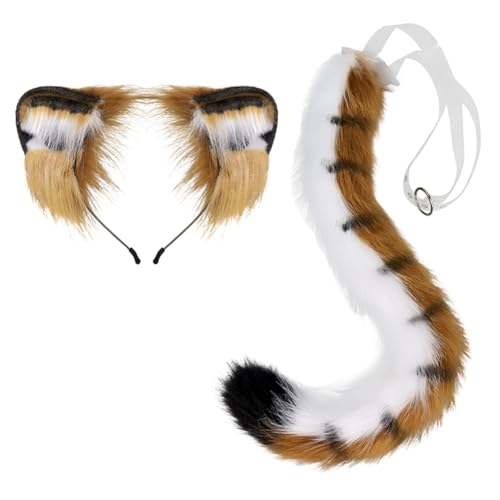 JAWSEU Tiger Katze Fuchs Cosplay Kostüm Set, Hundeohren Haarband Lang Tierschwanz Ohren Set Faux Furry Fox Wolf Tail Kit Wolf Langer Fuchsschwanz Ohren für Fasching Halloween Kostüm Anime Cosplay von JAWSEU