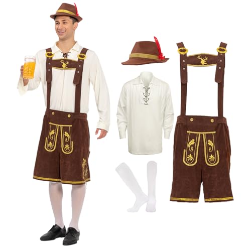 JAZGROM Oktoberfest-Kostüm für Herren und Erwachsene, Halloween-Kostüme, deutsche Outfits mit Lederhosen, Socken, bayerischer Hut, Verkleidungsparty und Bierfest von JAZGROM