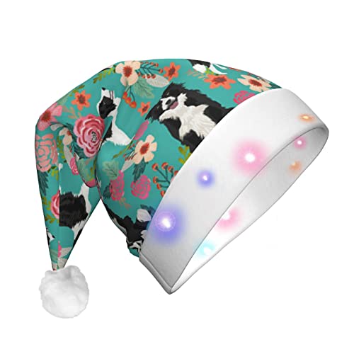 JBYJBX Border Collie Blumendruck, LED-Weihnachtsmütze für Erwachsene, Weihnachtsmütze mit Lichtern, Weihnachtszubehör von JBYJBX