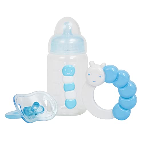 JC Toys - 3-teiliges Puppenzubehör Set (Flasche, Schnuller und Rassel), blau, passend für alle Handgelenke bis 50 cm, 2 Jahre von jc toys