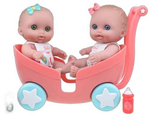 jc toys Lil Cutesies Twin 21,6 cm Vinyl-Puppen und Kinderwagen-Set, beweglich und waschbar, abnehmbare Outfits, Zwillingskinderwagen und Zubehör, ab 2 Jahren, Grün von jc toys