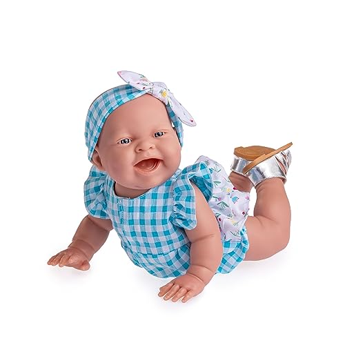 JC Toys - Lola On The Go Puppe, 36 cm, weiches Vinyl, lächelndes Gesicht, Puppe, Vichy und Blumenmuster und Sandalen, Mädchen, 2 Jahre von jc toys