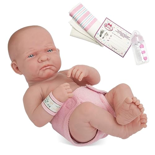 JC Toys 18501 La Newborn Babypuppe Vinyl-Puppe weiß/rosa Outfit und Decke mit Tierfreund und Zubehör. Echtes Mädchen, First Day Real Girl, 35,56 cm von jc toys