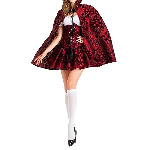 JCMoniDun Halloween-Cosplay-Kostüm für Damen, Gothic, A-Linie, rotes Kleid mit Umhang, Motto-Party, Verkleidungszubehör-Set (Rot, S) von JCMoniDun