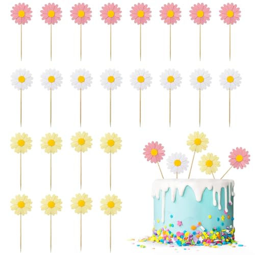 JDCMEI 24 Stücke Tortendeko Gänseblümchen Gänseblümchen Deko Geburtstag Gänseblümchen Tortenaufleger Gänseblümchen Blumen Pappbecher Kuchendeko Topper Gänseblümchen für Kinder von JDCMEI