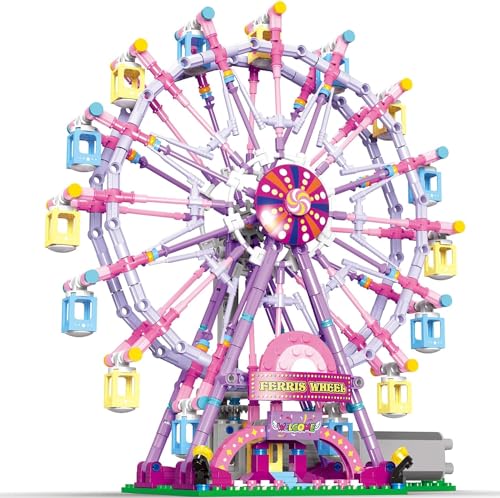 JDMDKB Rotierendes Riesenrad Bauklötze Kit, mit Lichtern Vergnügungspark Baukonstruktion Spielzeug Set für 8+ Kind and Erwachsen (Rosa) von JDMDKB