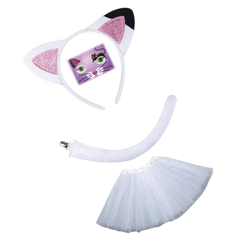 JDNH 2/3/4 Katzen Kostüme Cosplay Katzen Ohren Stirnband Schleifen Schwanz Tutus Gesicht Aufkleber Halloween Tier Kostüm Zubehör von JDNH