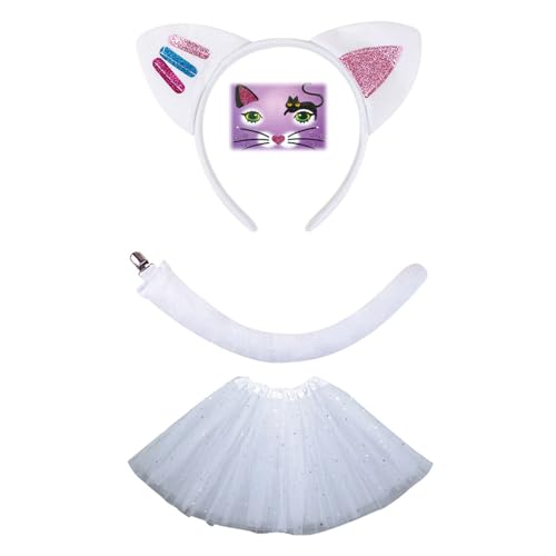 JDNH 2/3/4 Katzen Kostüme Cosplay Katzen Ohren Stirnband Schleifen Schwanz Tutus Gesicht Aufkleber Halloween Tier Kostüm Zubehör von JDNH