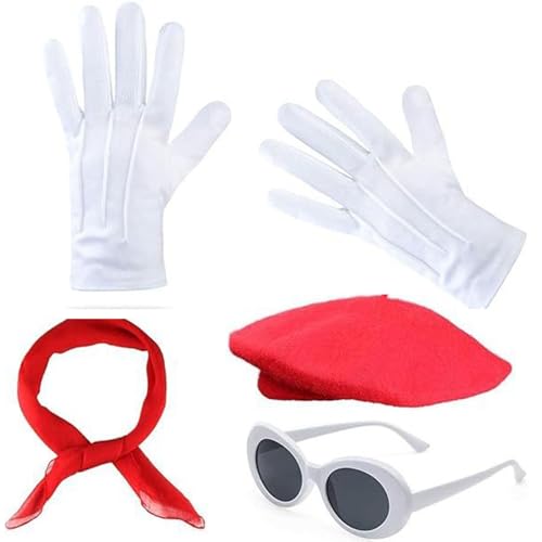 JDNH Französisches Damenkostüm-Zubehör, 1980er-Jahre-Kostüm-Set, Baskenmütze, Handschuhe, ovale Brille, Schal für Mädchen und Damen von JDNH