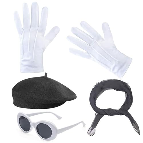 JDNH Französisches Damenkostüm-Zubehör, 1980er-Jahre-Kostüm-Set, Baskenmütze, Handschuhe, ovale Brille, Schal für Mädchen und Damen von JDNH