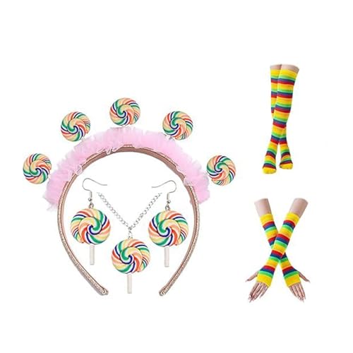 JDNH Lollipop Kostüm Set Süßigkeiten Stirnband Zubehör Fingerlose Handschuhe Lutscher Ohrringe Halskette für Süßigkeiten Cosplay Party von JDNH