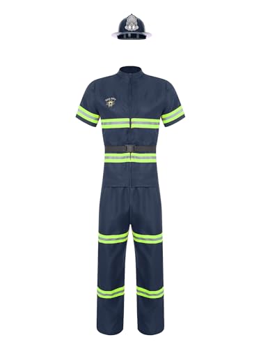 JEATHA 4 Teiliges Herren Feuerwehrmann-Kostüm Feuerwehrmann-Verkleidungsset aus Kunststoffhelm + Jacke + Hose + Gürtel Für Karneval Mottoparty Navy blau S von JEATHA