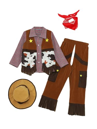 JEATHA 5Pcs Jungen Western Cowboy Kostüm Kariert Hemd Hose Weste mit Hut Bandana Set Halloween Dress Up Party Bühne Performance Kostüm Hellbraun 11-14 Jahre von JEATHA