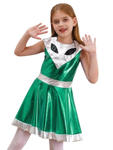 JEATHA Alienkostüm für Mädchen Metallic A-line Kleid Space Girl Kleid Alien Faschingskostüme für Halloween Weihnachten Karneval Grün 110-116 von JEATHA