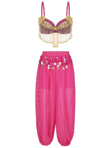 JEATHA Bauchtanz Kostüm Damen Arabisch Prinzessin Kostüm Quaste Frauen BH Top mit Haremshose Laterne Hosen Jasmin Kostüm Karneval Party Hot Pink Einheitsgröße von JEATHA