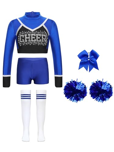 JEATHA Cheerleading Kostüm Mädchen Cheer Uniformen mit Pompons Socken und Haarbänder für Halloween Dress Up Fasching Party Kostüm Blau 110-116 von JEATHA