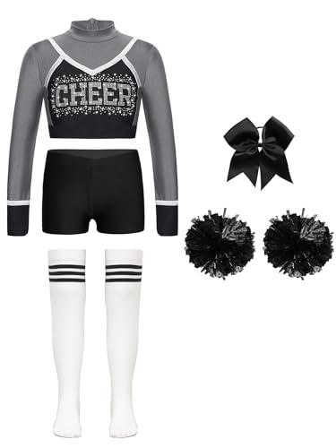 JEATHA Cheerleading Kostüm Mädchen Cheer Uniformen mit Pompons Socken und Haarbänder für Halloween Dress Up Fasching Party Kostüm Grau-weiß 110-116 von JEATHA