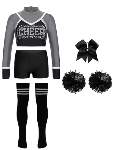 JEATHA Cheerleading Kostüm Mädchen Cheer Uniformen mit Pompons Socken und Haarbänder für Halloween Dress Up Fasching Party Kostüm Grauschwarz 110-116 von JEATHA