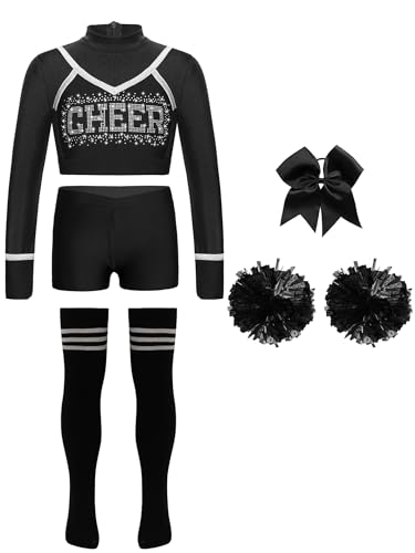 JEATHA Cheerleading Kostüm Mädchen Cheer Uniformen mit Pompons Socken und Haarbänder für Halloween Dress Up Fasching Party Kostüm Schwarz 110-116 von JEATHA