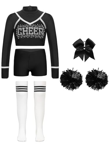 JEATHA Cheerleading Kostüm Mädchen Cheer Uniformen mit Pompons Socken und Haarbänder für Halloween Dress Up Fasching Party Kostüm Schwarz-Weiss 110-116 von JEATHA