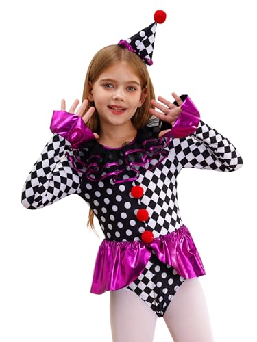 JEATHA Clown Kostüm Kinder Mädchen Zirkus Cosplay Verkleidung Langarm Body mit Clown Hut Halloween Karneval Fasching Party Dress Up Hot Pink 170 von JEATHA